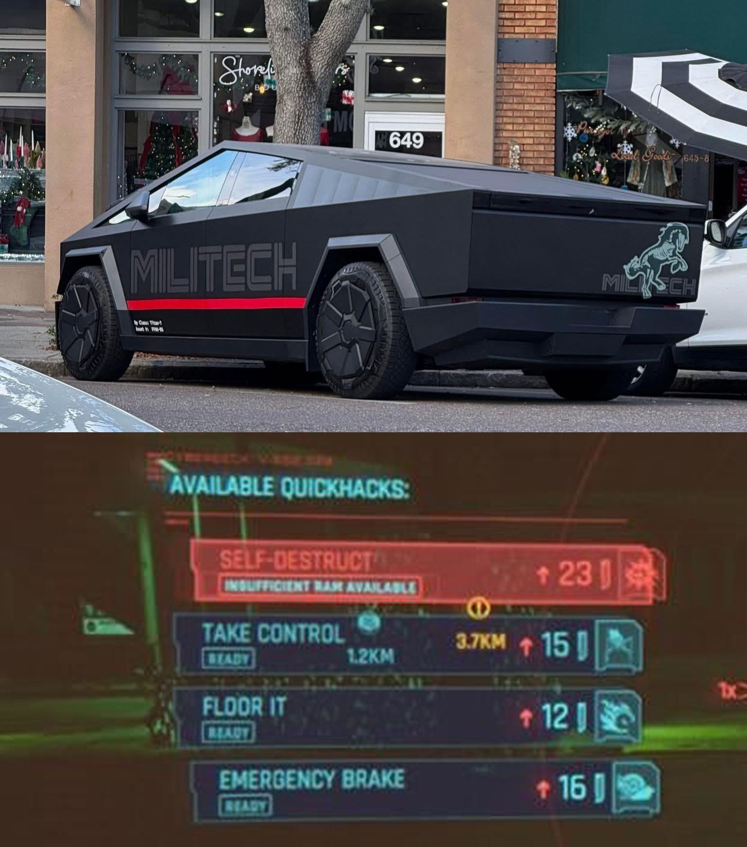 The meme is a humorous image that combines the Tesla Cybertruck with a military vehicle, specifically the M1 Abrams tank. The text "MILITECH" is written on the side of the Cybertruck, and the image includes a "self-destruct" button with a warning that says "insufficient RAM available". The meme is likely poking fun at the idea of a high-tech military vehicle that is still plagued by basic computer errors.